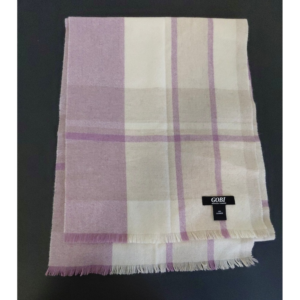 Gobi 100% Mongolian Cashmere Lilac Purple Scarf Fringe Edge Lightweight Plaid